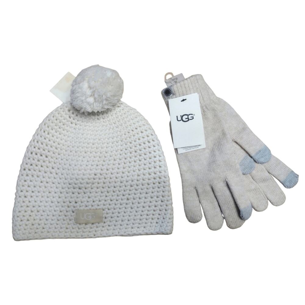 New UGG  Knit Pom Beanie Ivory One Size Wool Blend & Gloves Set
